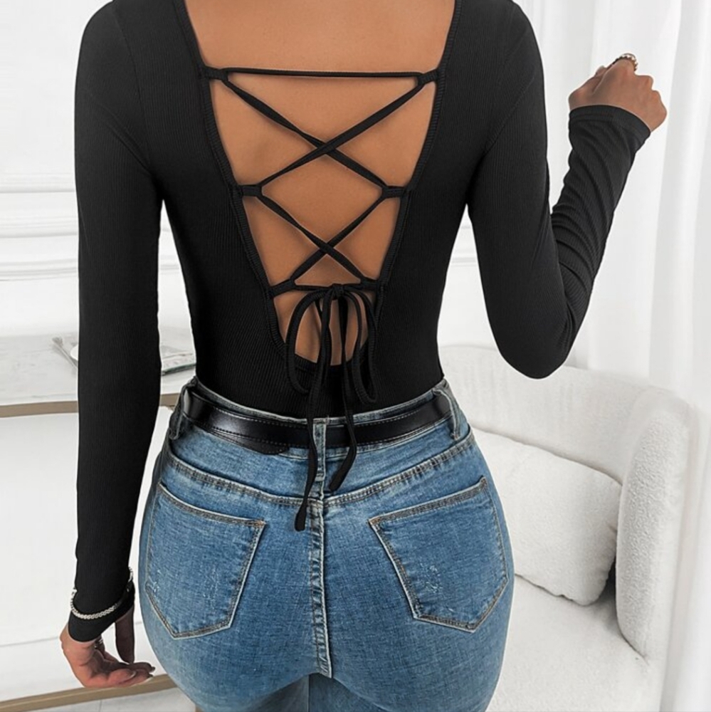 NWOT SHEIN Black Lace Up Back Bodysuit Size M ๐ฅ - Picture 5 of 9